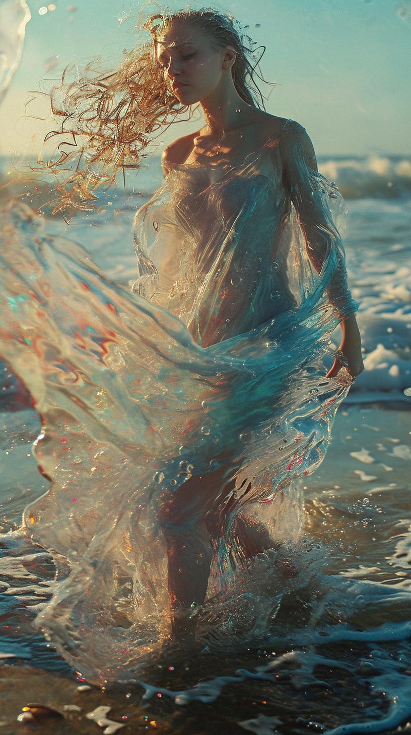 4. Image of mesmerizing oceanic goddess walking on a beach