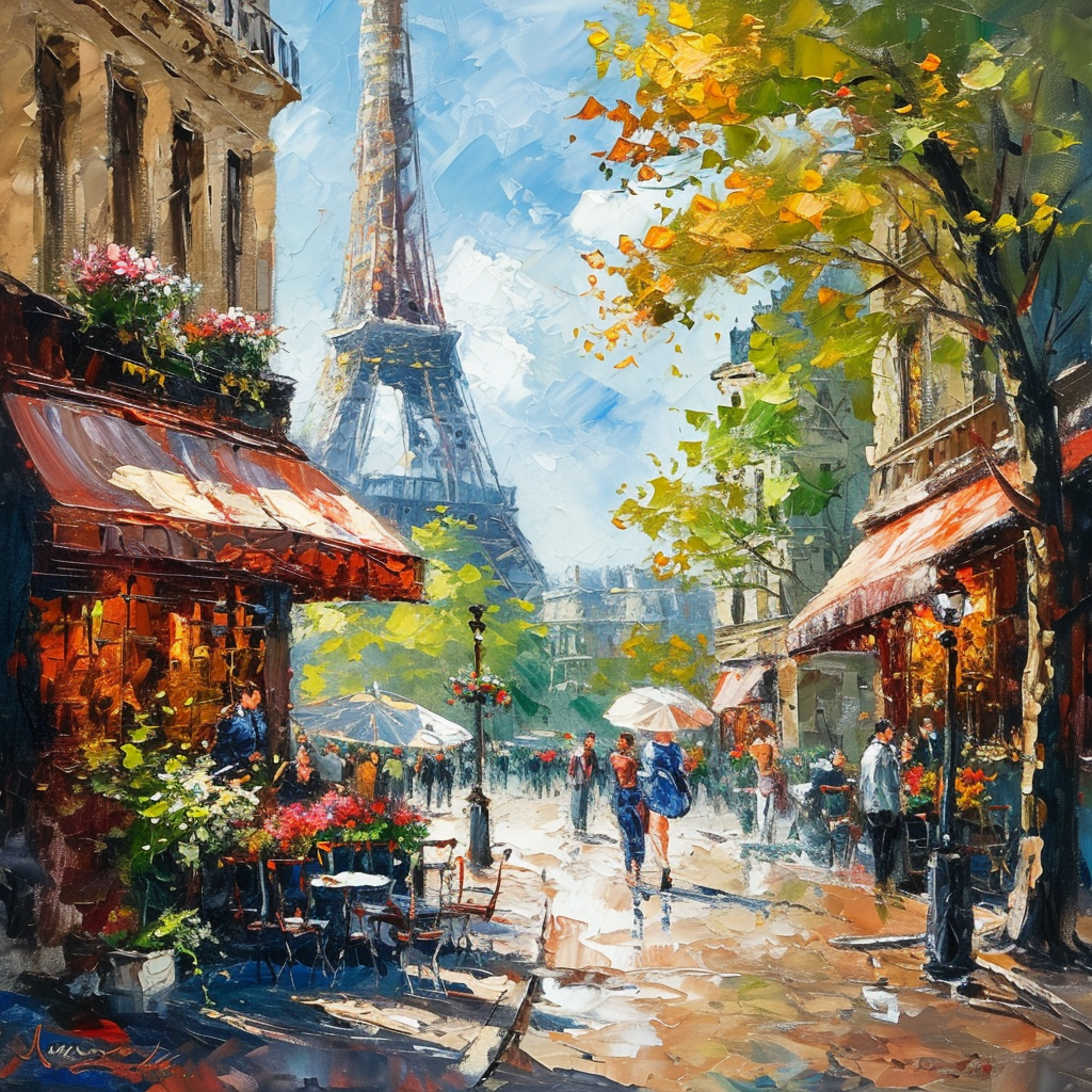 4. Colorful street scene with people and Eiffel Tower