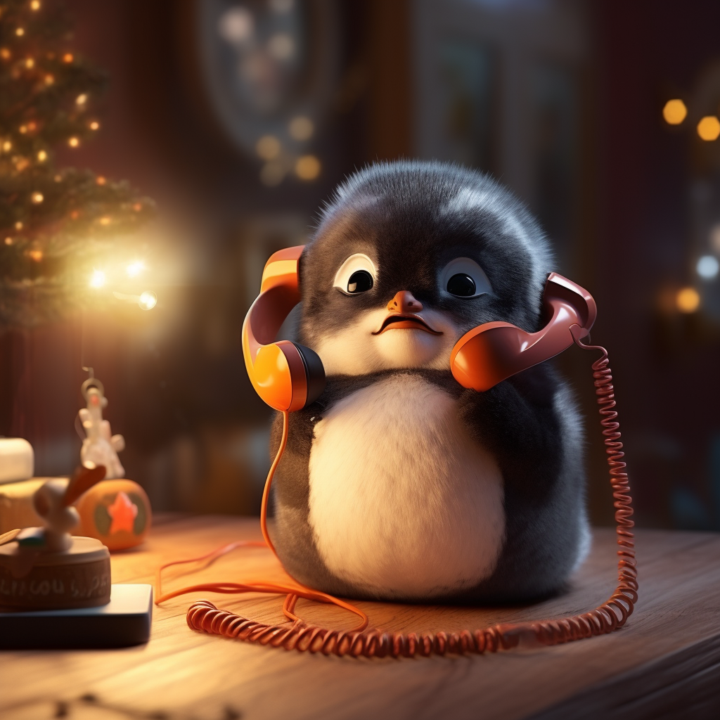 4. Penguin talking on the phone at a New Year's party