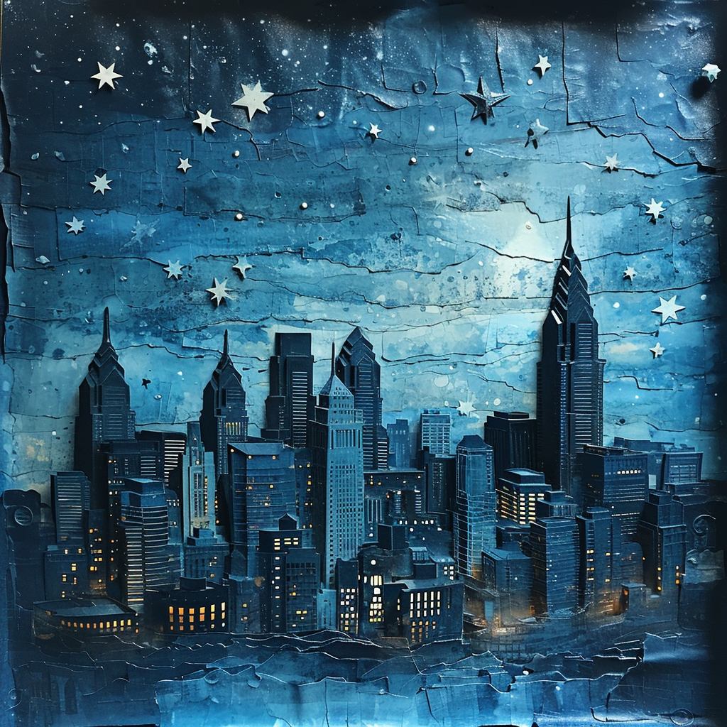 4. Philadelphia skyline with layered paper and dreamy blue colors