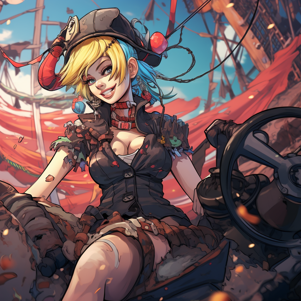 4.  Joyful smile on pirate Harley Quinn riding a wheeled schooner