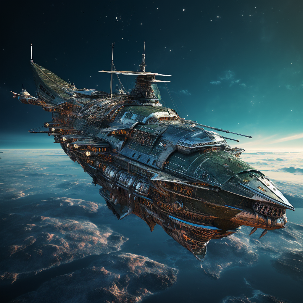 4. Image of battle-worn pirate starship flying in low orbit.