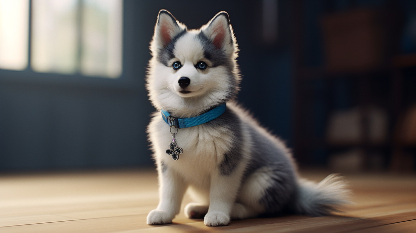 4. Lovable Pomsky with blue harness and captivating eyes