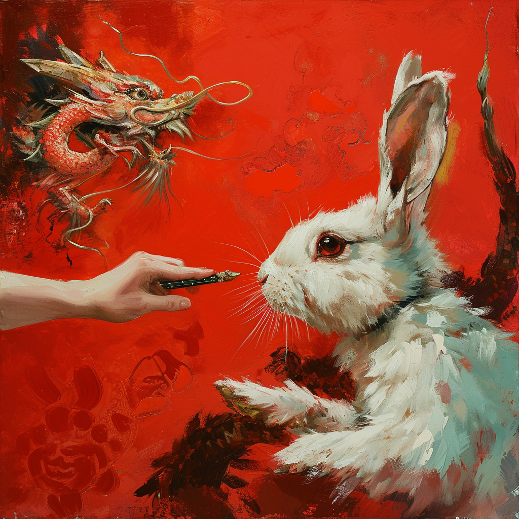 4. Adorable Rabbit and Dragon Passing Baton on Chinese Red Background