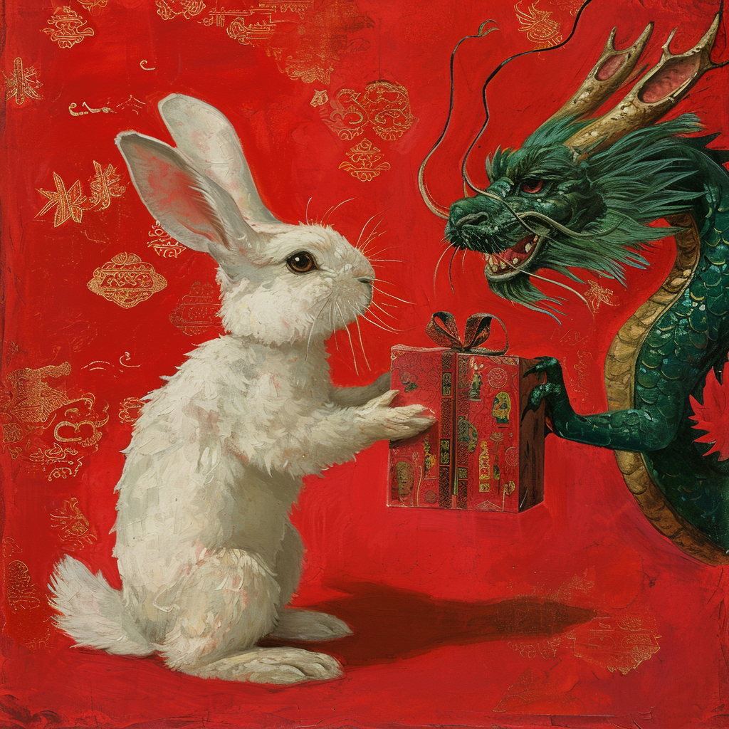 4. Gift from rabbit to dragon on Chinese red background