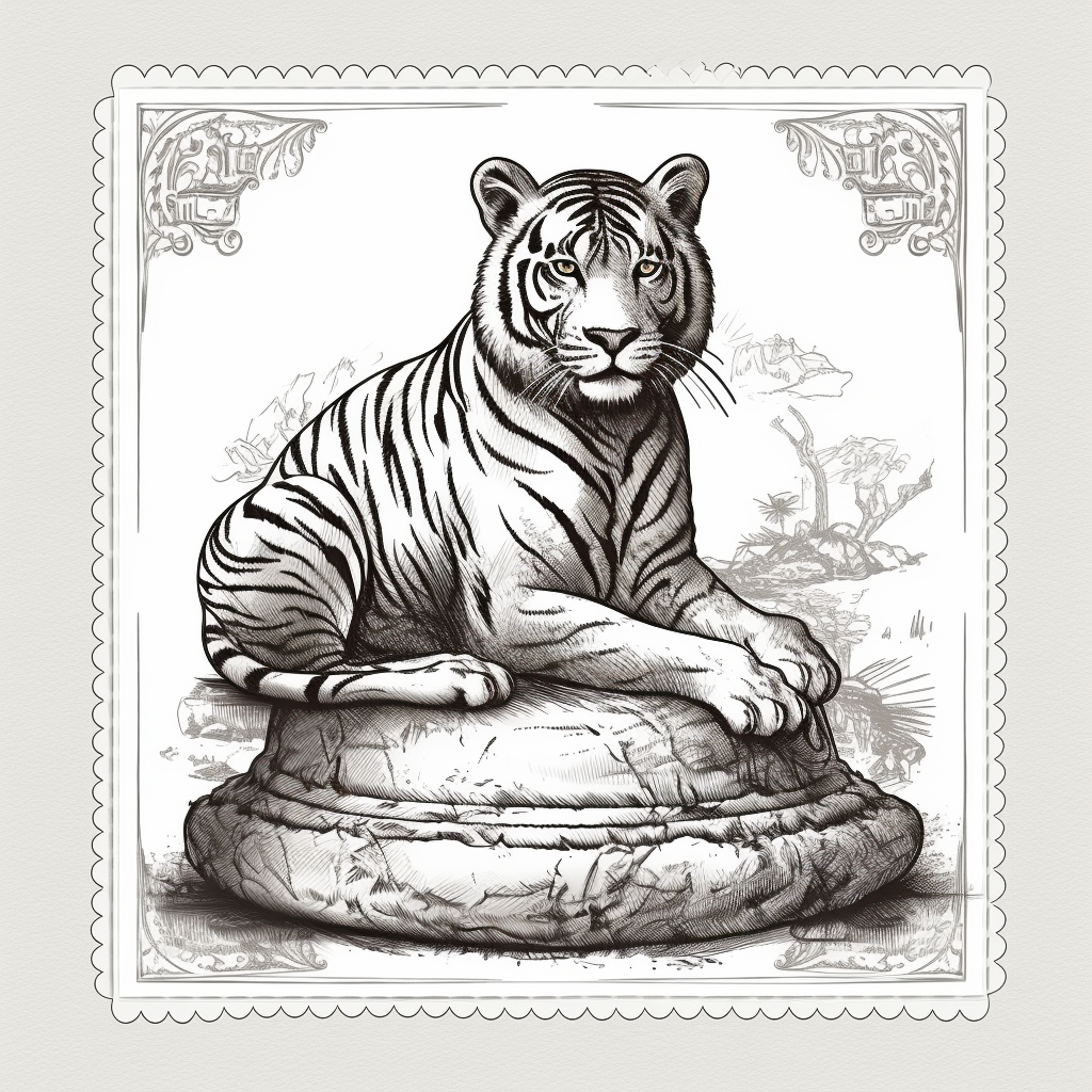 4. A stunning artwork of a sitting tiger sculpture stamp.