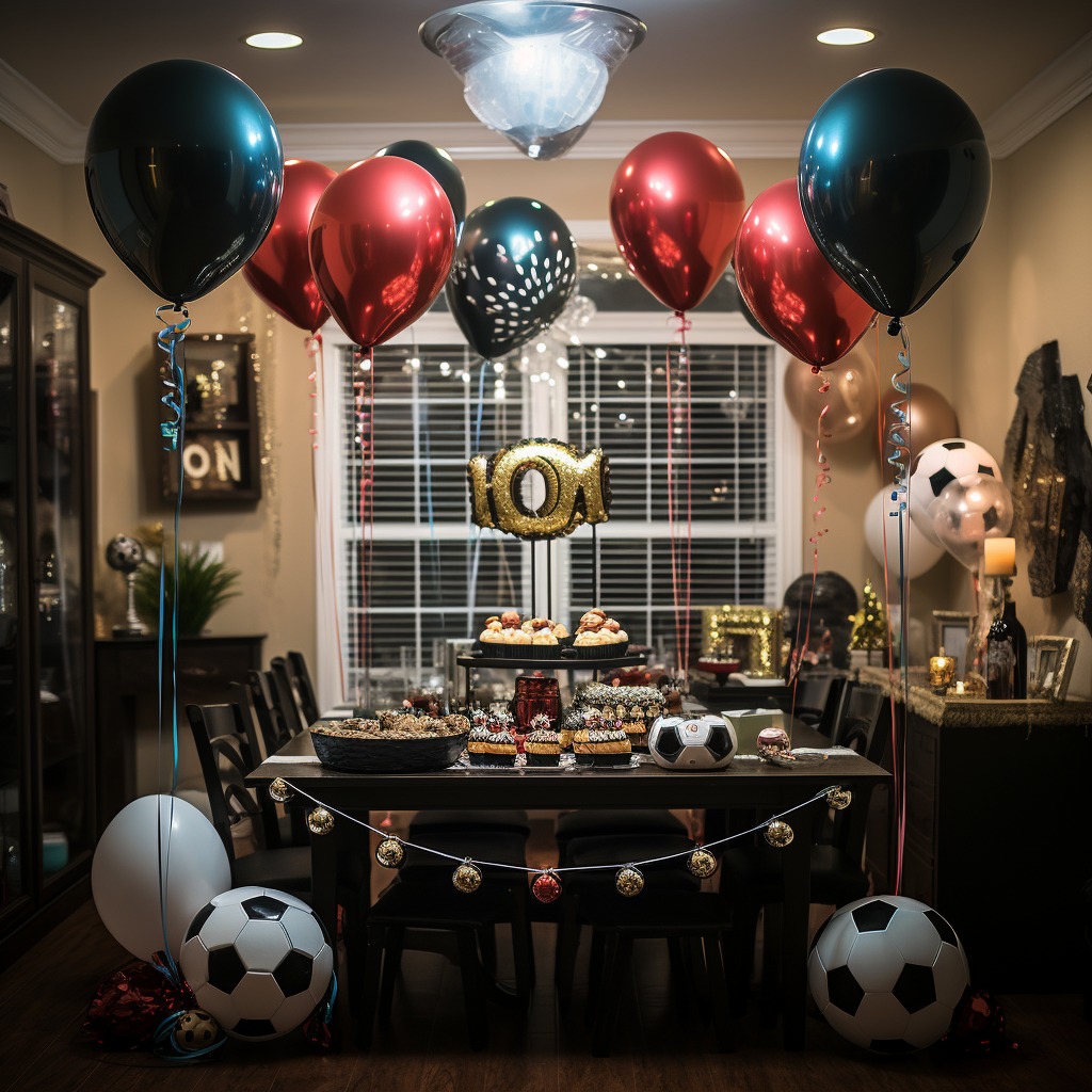 4. Soccer-themed New Year Party image with balloons and players.