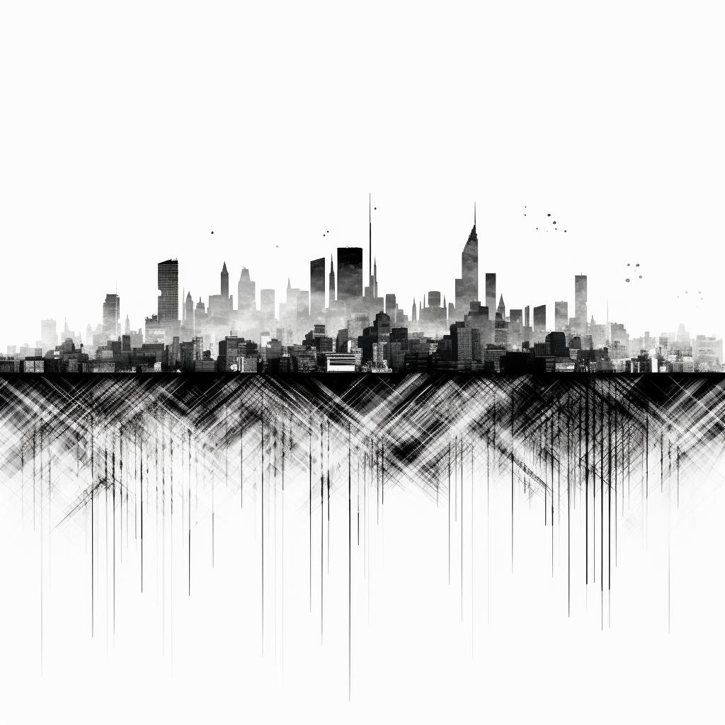 4. Vibrant soundwave graphic of city landscape in black and white