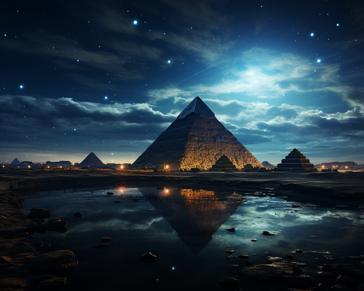 4. Stunning image of Sphinx and 3 pyramids against alabaster night