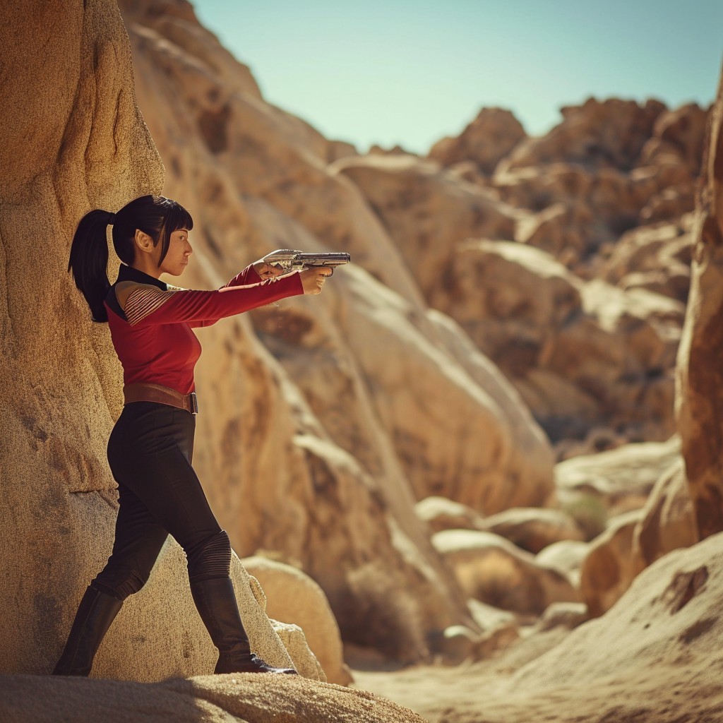 4.  Female Spock shooting phaser in action