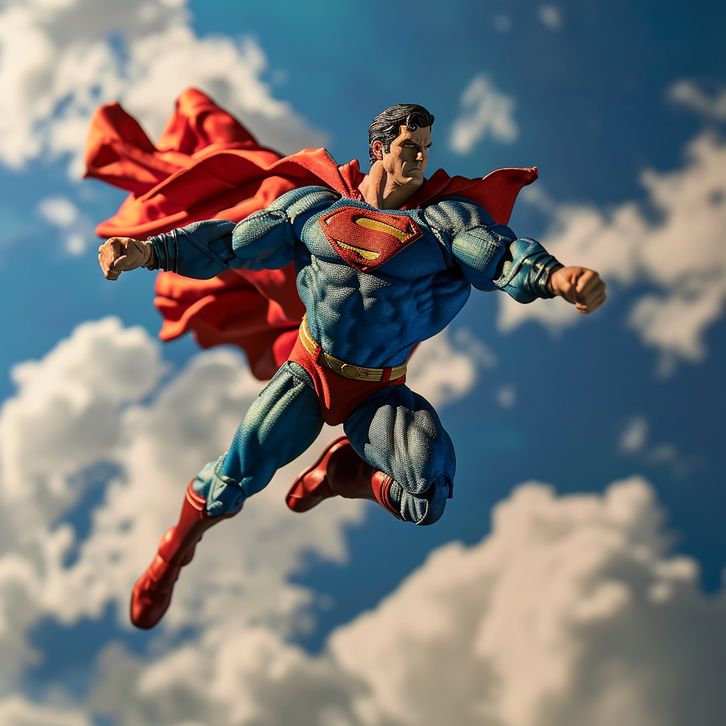 4.  Superman action figure in floating pose with cartoonized sky as background