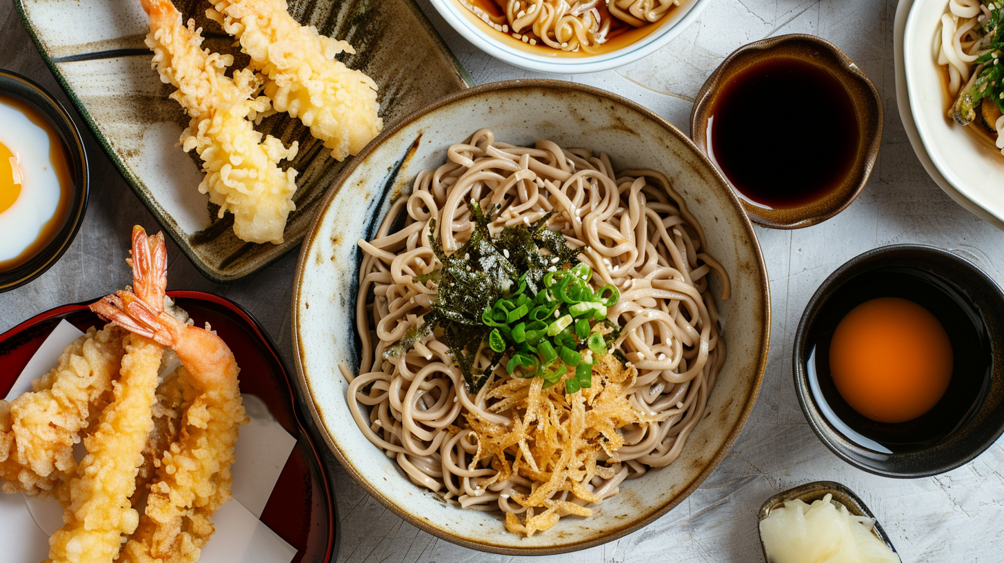 4. Traditional Japanese noodle dish with tempura on top