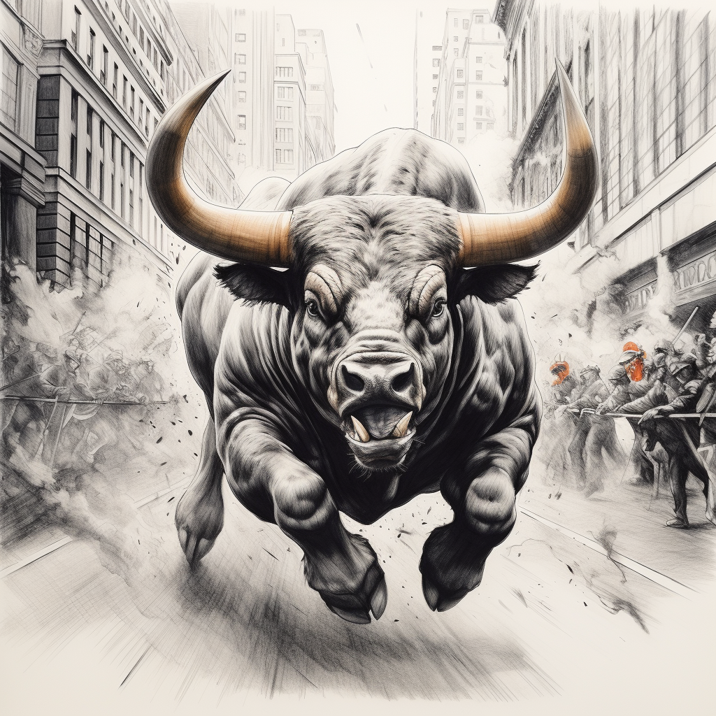 4. Angry bull running on Wall Street chasing money