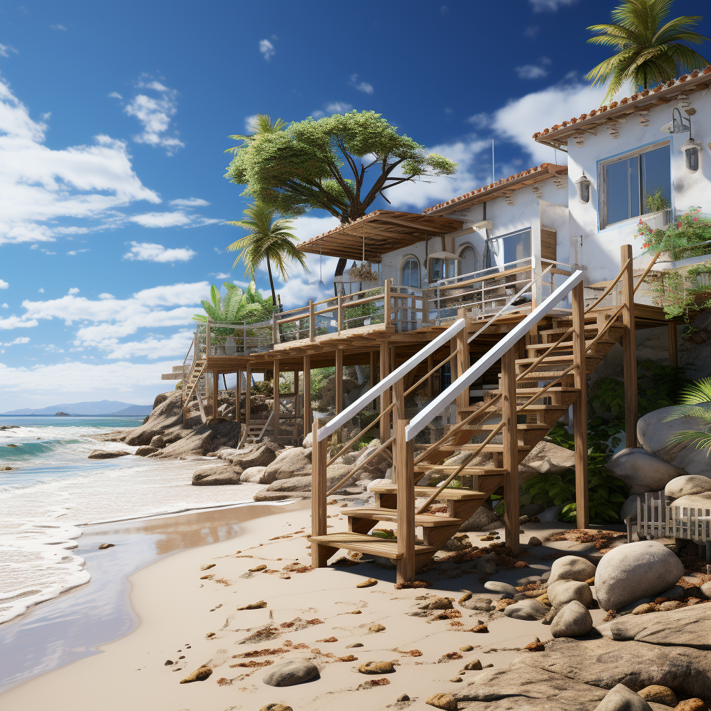 4. Beachhouse with veranda and stairs surrounded by ocean and mountains.