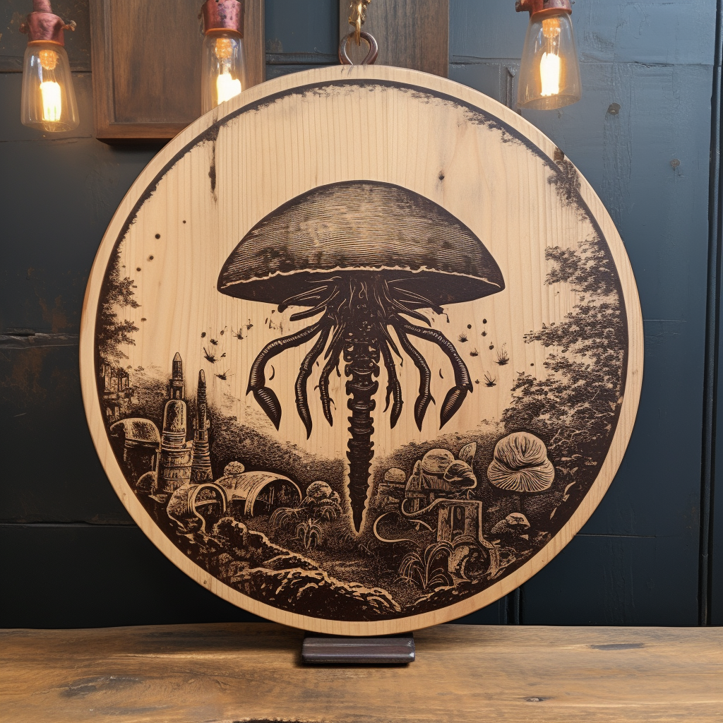 4. Image of a wooden tavern sign with an etching of a pillbug on a mushroom