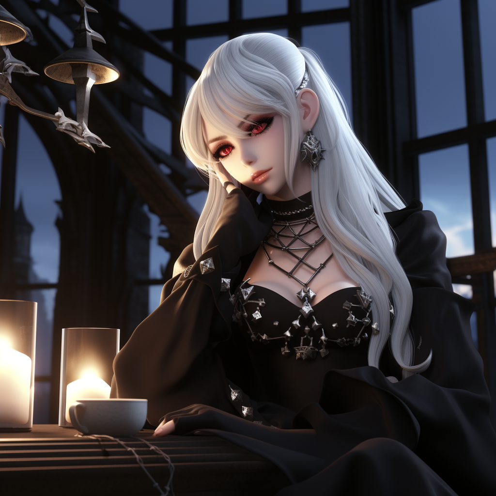 4. Image of young anime woman with long white blonde hair and goth attire