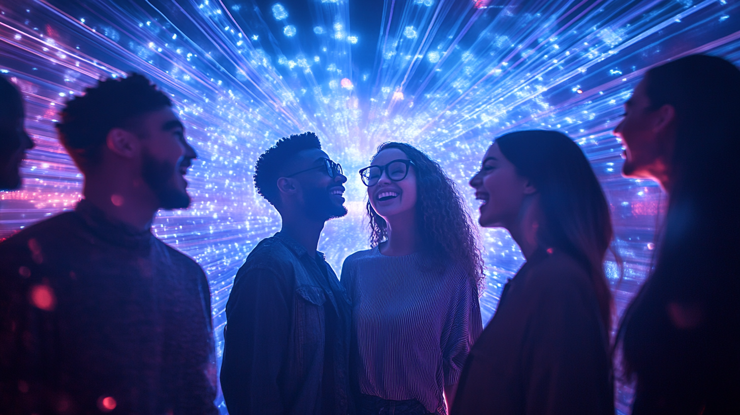 10 Friends Interacting in Light Beams Installation 