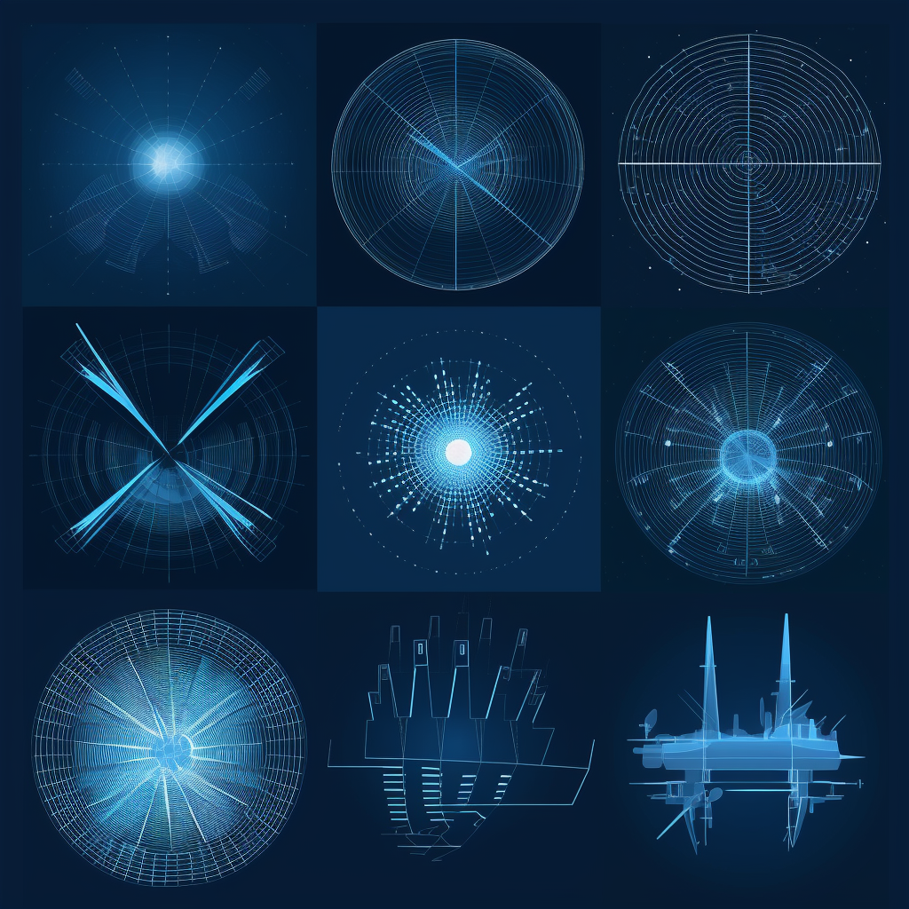 10 abstract radar illustrations on fighter aircrafts, blue and white gradients in flat vector style.