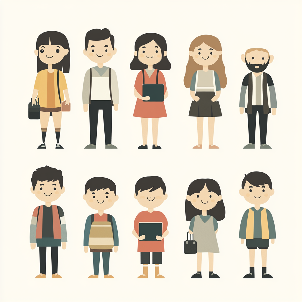 10 minimalist flat vector educational characters with geometric style.