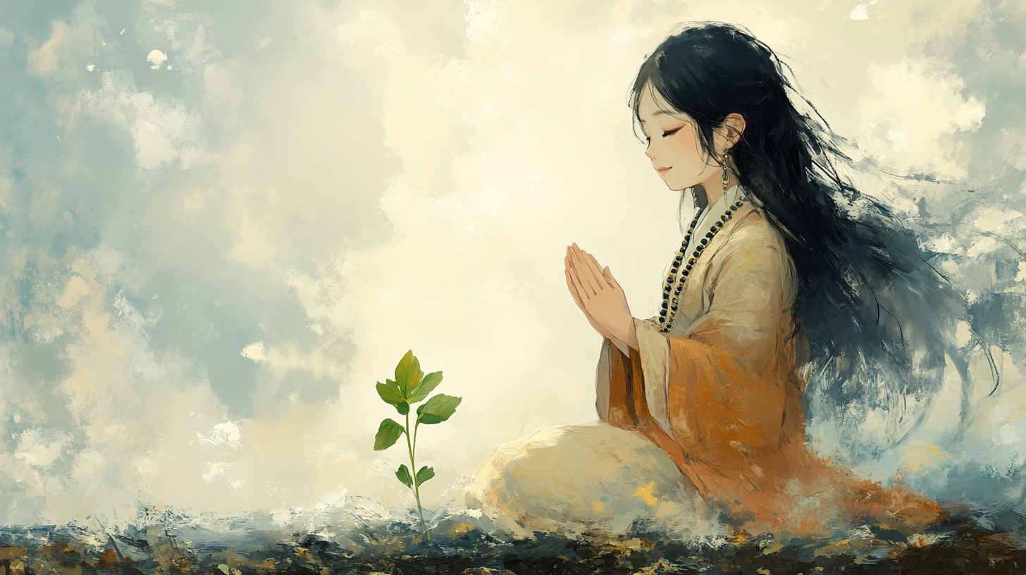 10-year-old Korean girl as bodhisattva in serene setting.