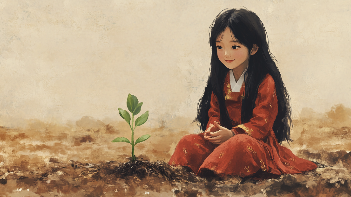 10 year old Korean girl bodhisattva in oil painting.