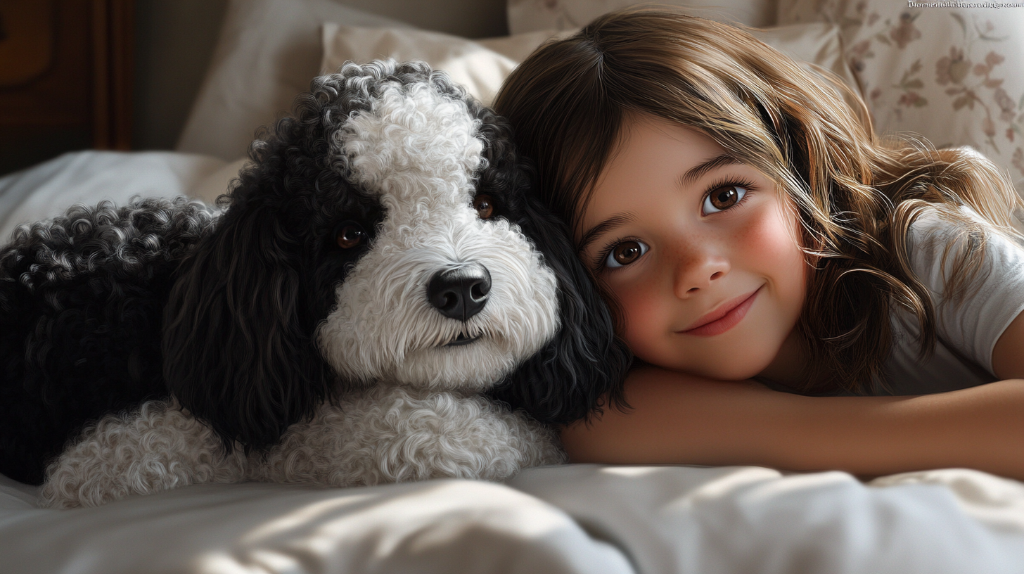 10 year old girl with brown hair cuddling dog