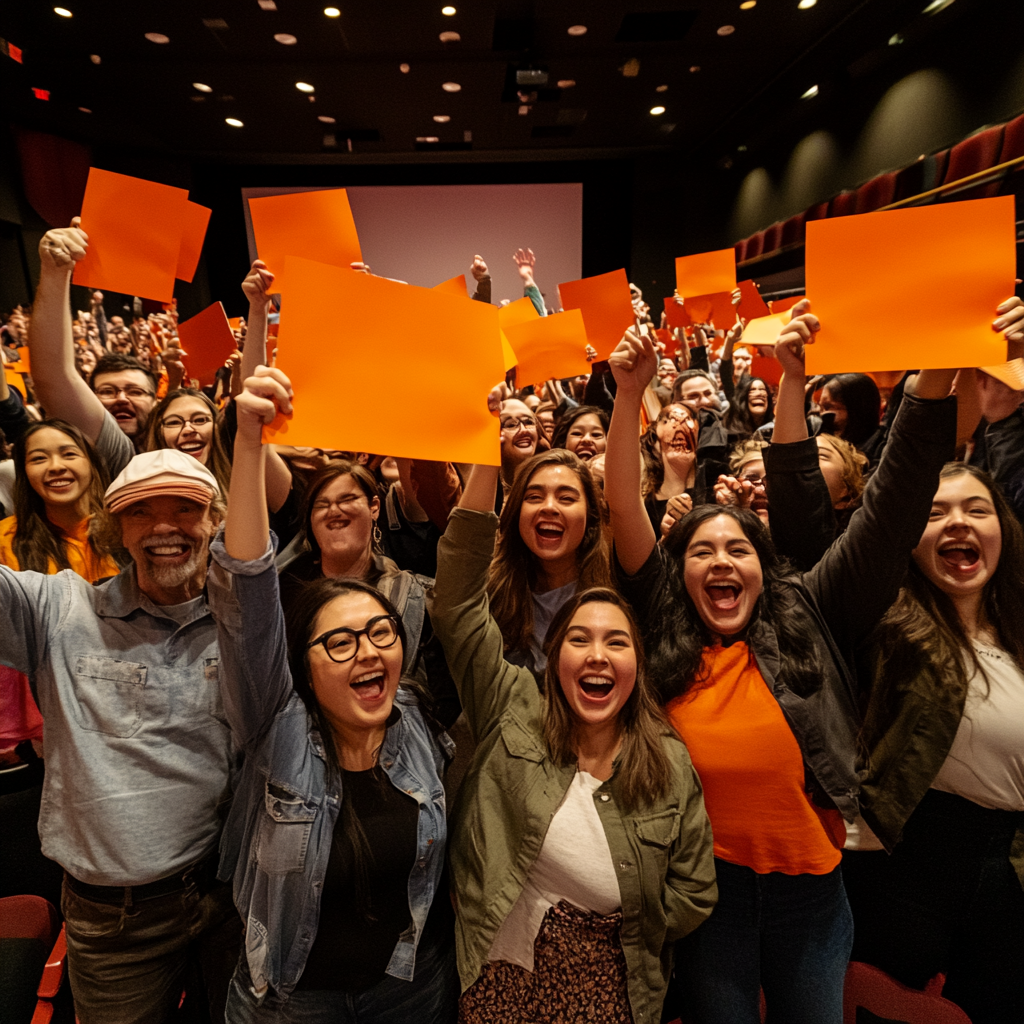 100 people posing for photo with slogan signs.