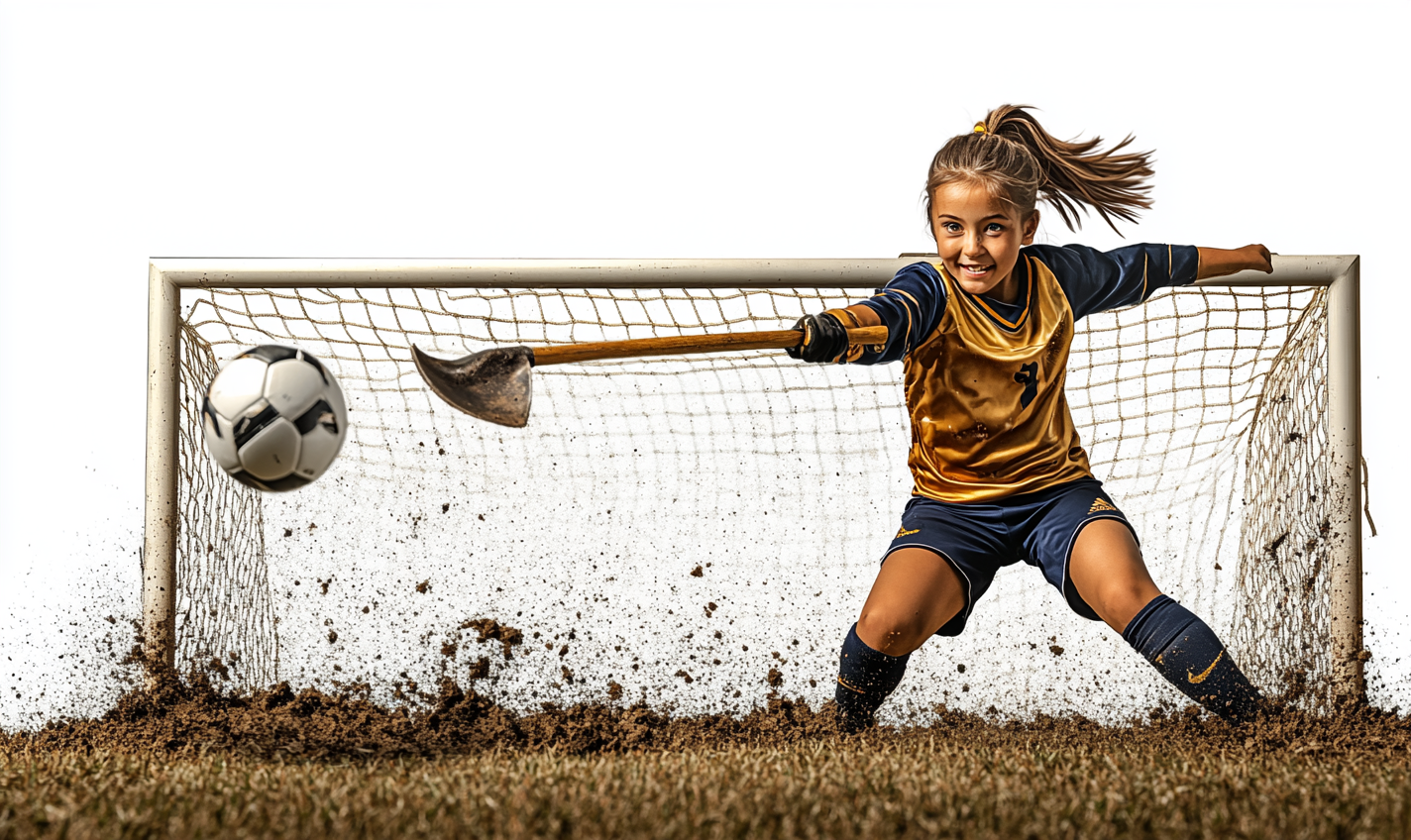 12 year old girl guarding goal with shovel 