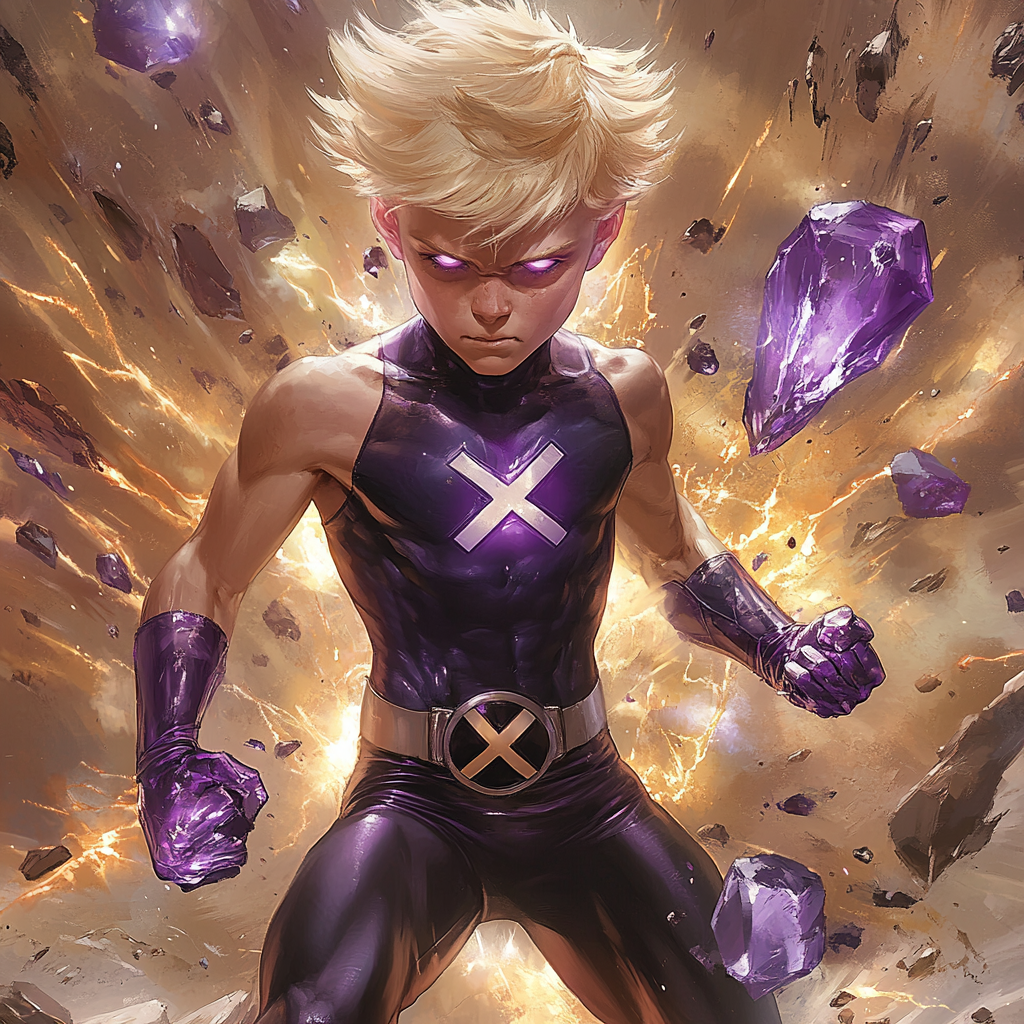 12-year-old superhero with amethyst rock body fights energetically