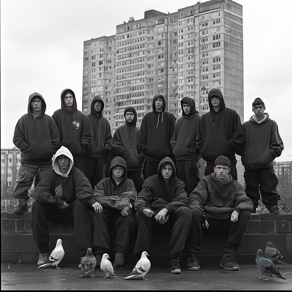 12 young men pose in hoodies like 'last supper'.