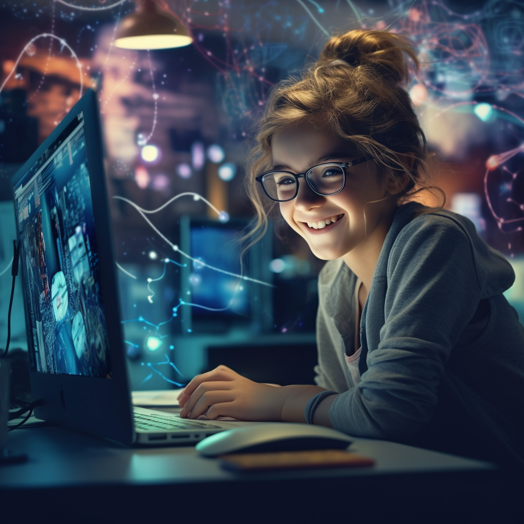 12-year-old girl happily using a computer