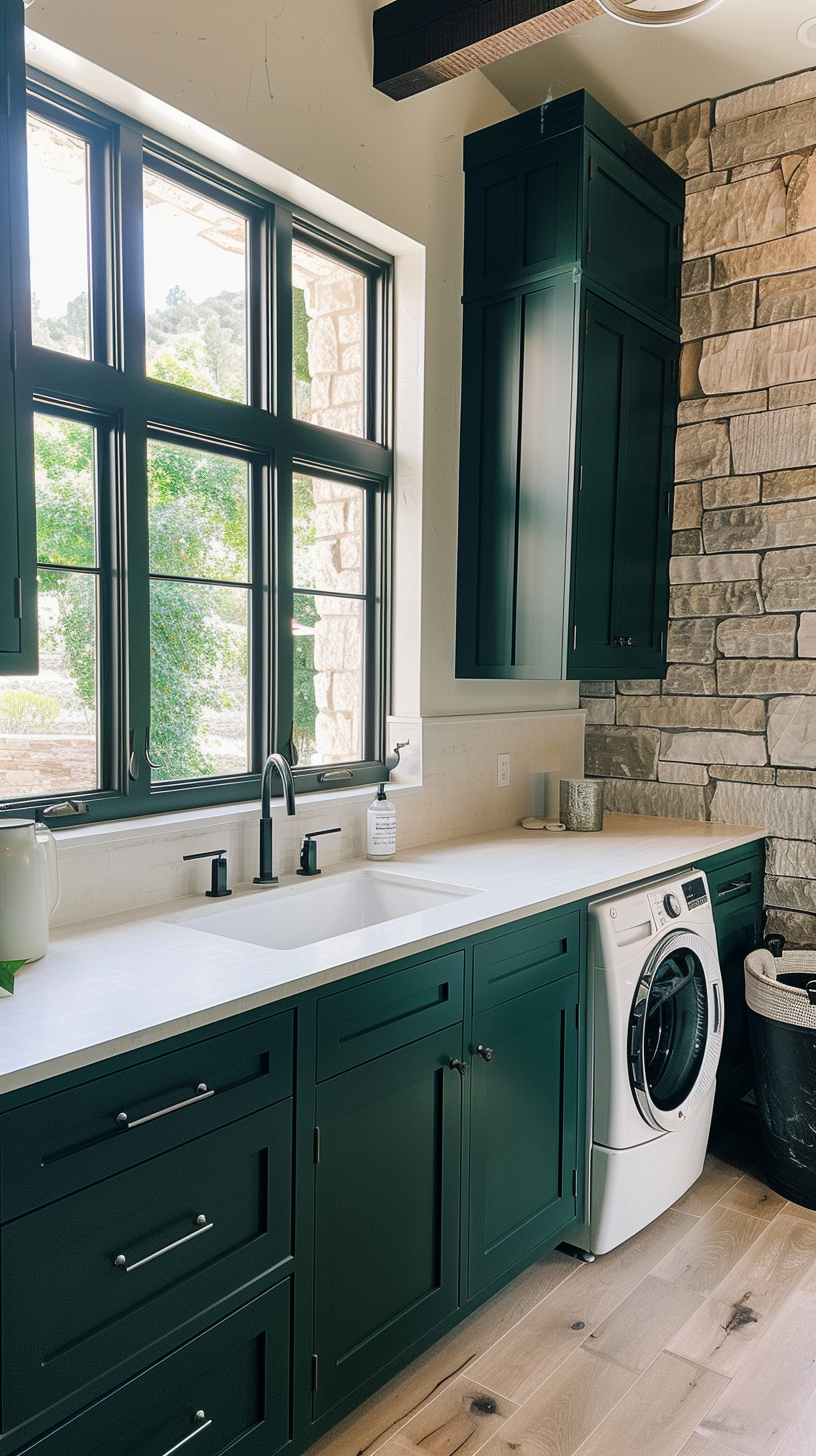 12x12 Laundry Room with Quartz Countertops & Green Cabinetry 