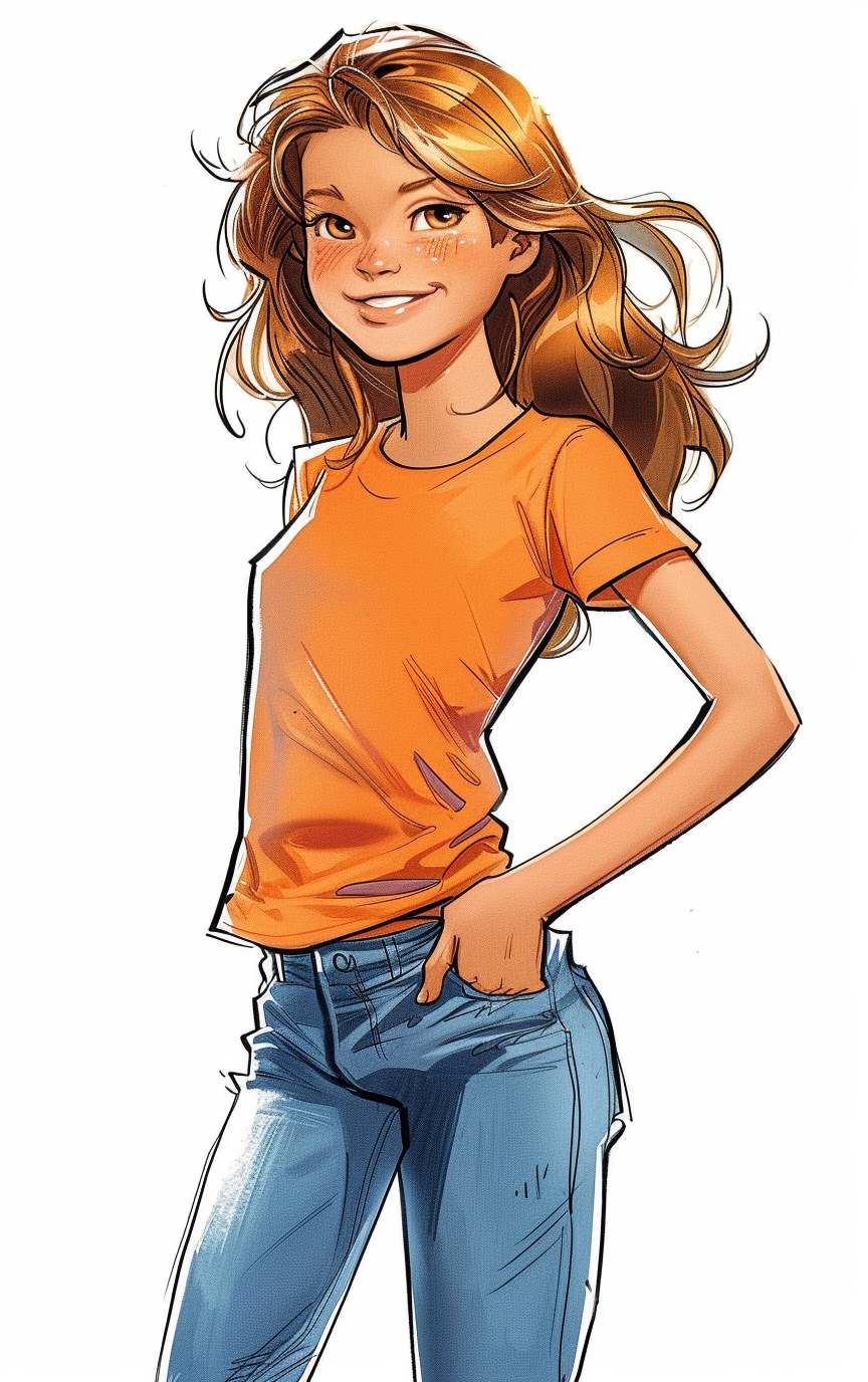 Brown hair girl in orange shirt smiling