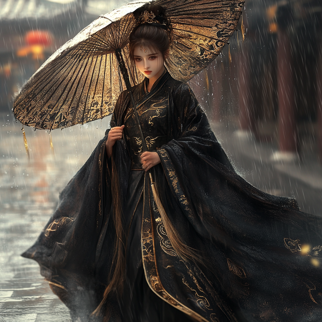 14-year-old Chinese girl, chestnut eyes, Tang costume, black cloak.