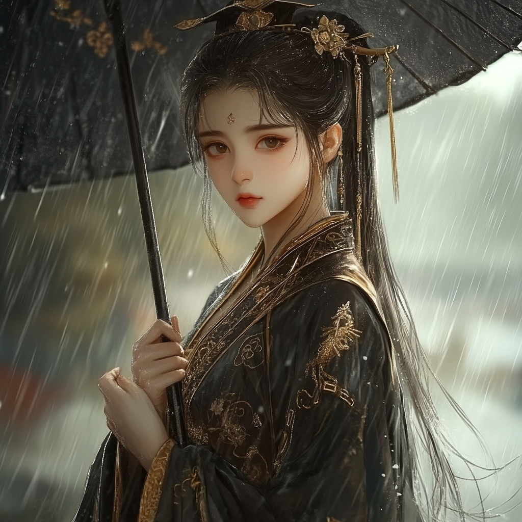 14-year-old Chinese girl in Tang costume walked confidently in rain.