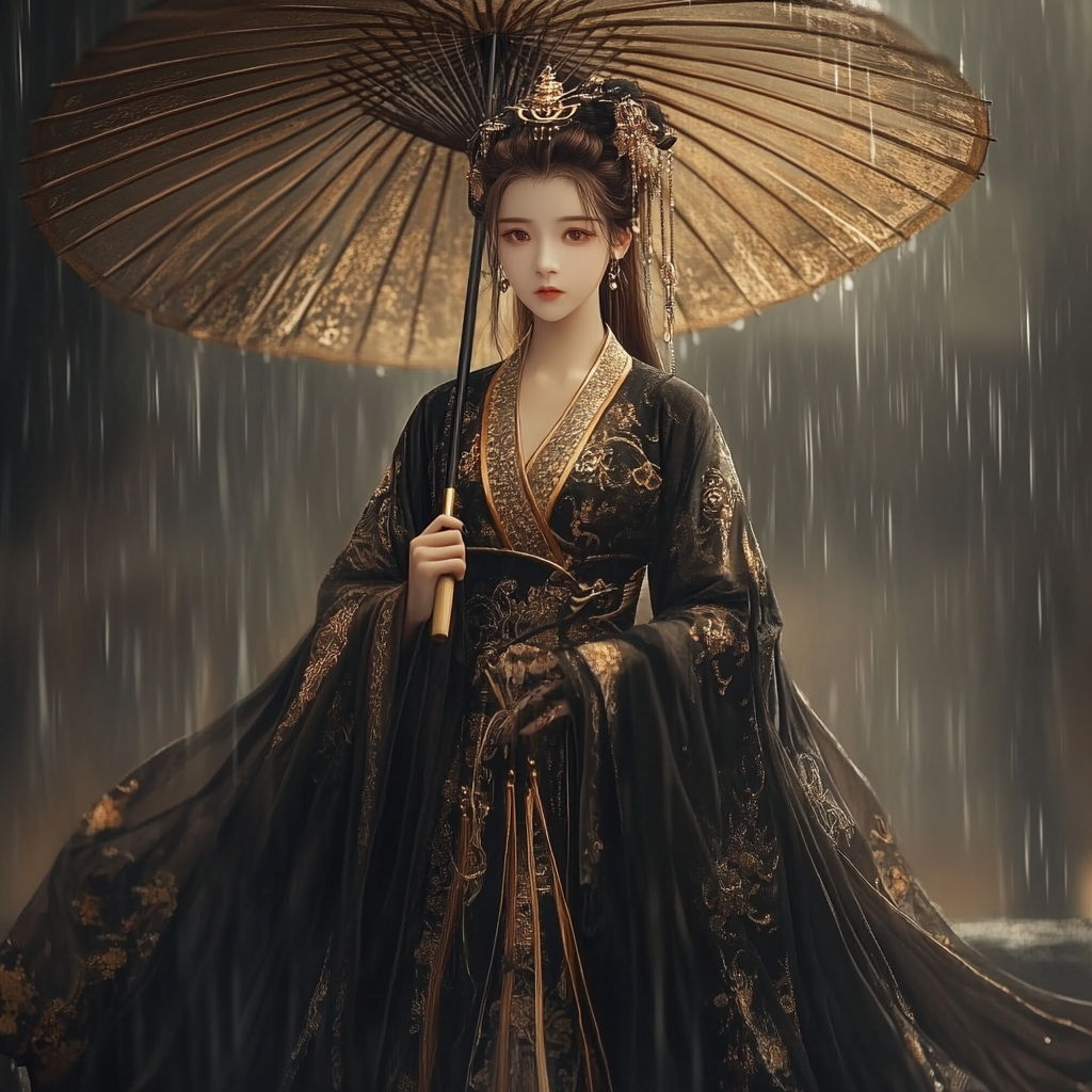 14-year-old Chinese girl in Tang costume with umbrella.