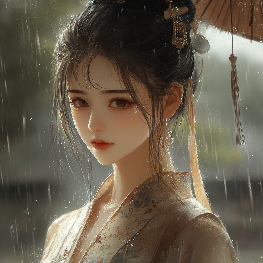 14-year-old girl with chestnut hair and eyes, wearing Tang costume walking in rain.