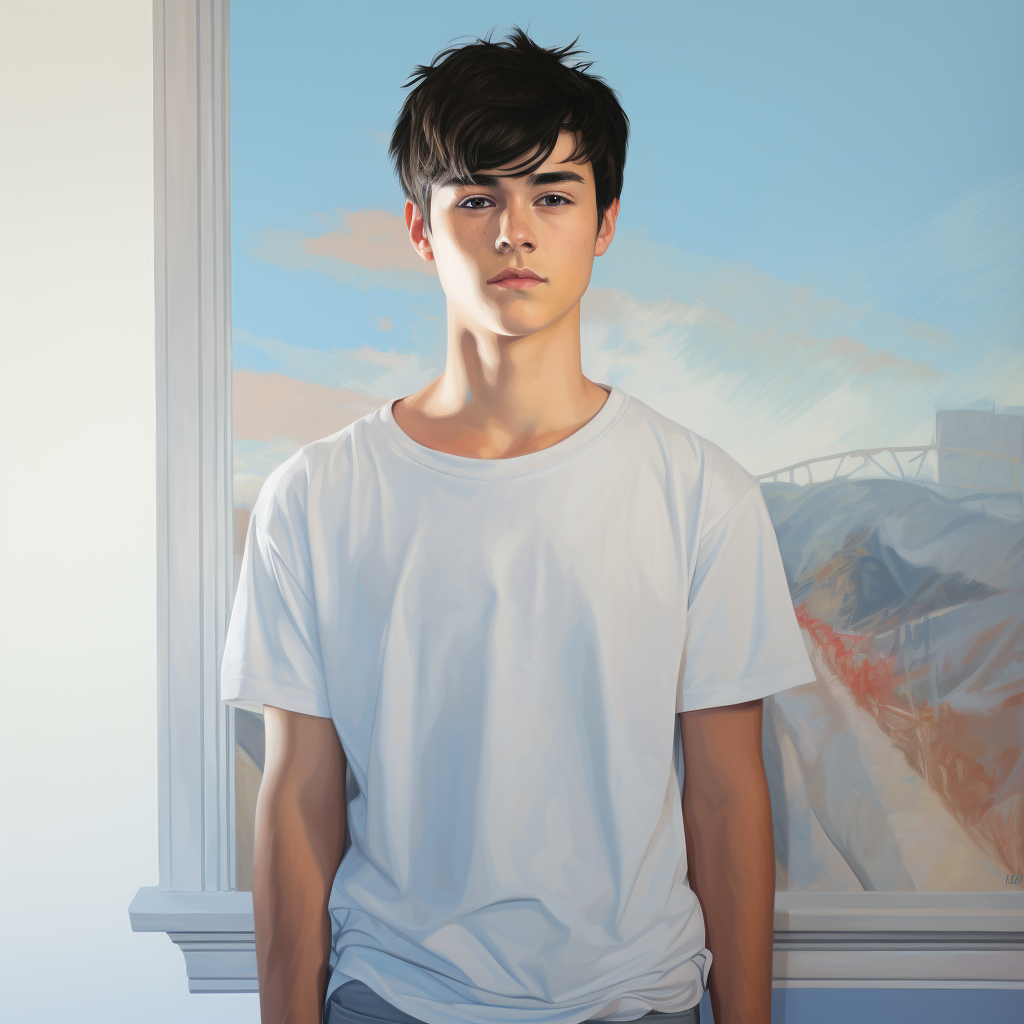 Young boy with black hair in light blue T-shirt