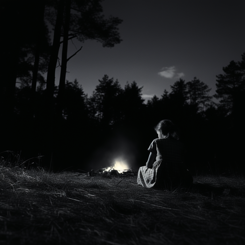 15-year-old girl and devil at campfire in woods.