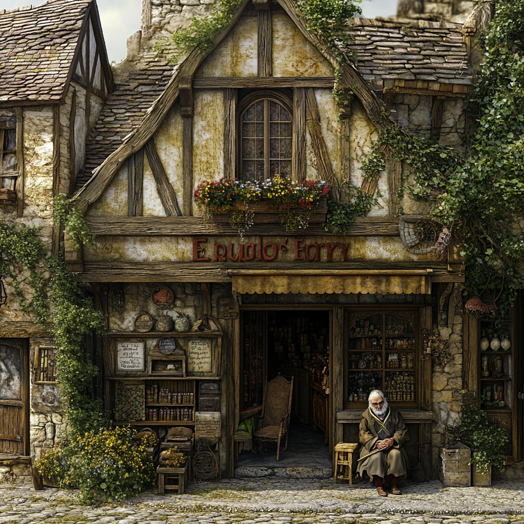 15th Century Spanish Inspired Fantasy Village Storefront with Elderly Man