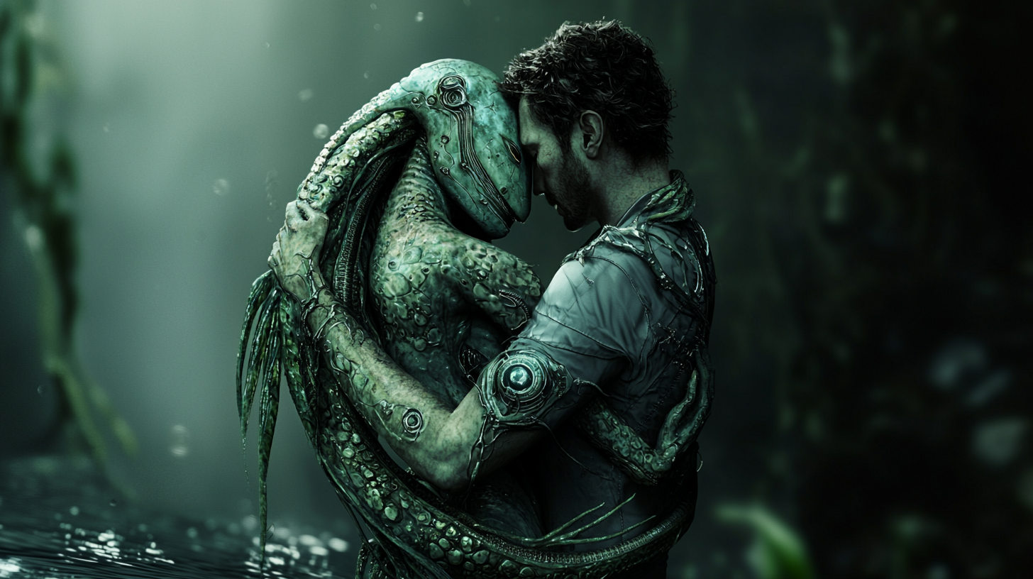 16:9 photo of Alien Mermaid embracing human.