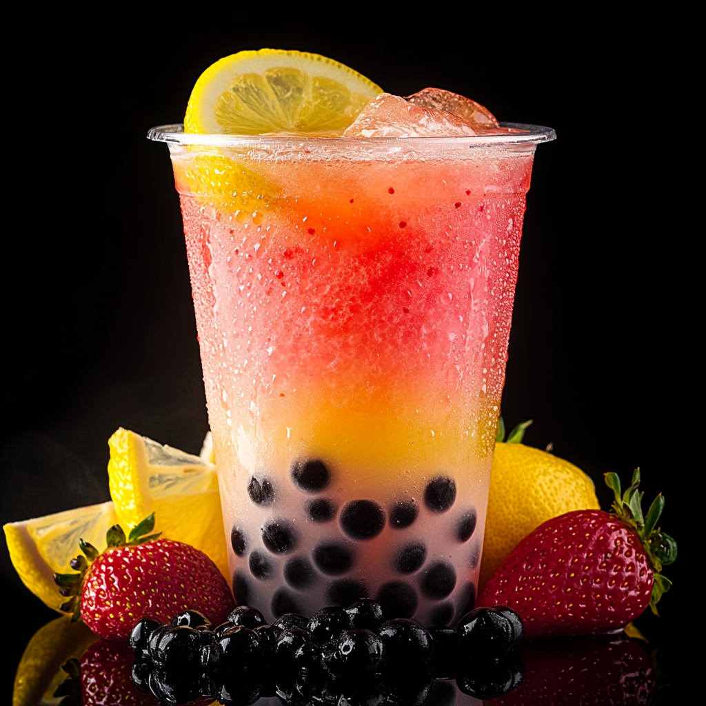 16K Hyper-realistic Strawberry Lemonade Iced Tea Boba Photo