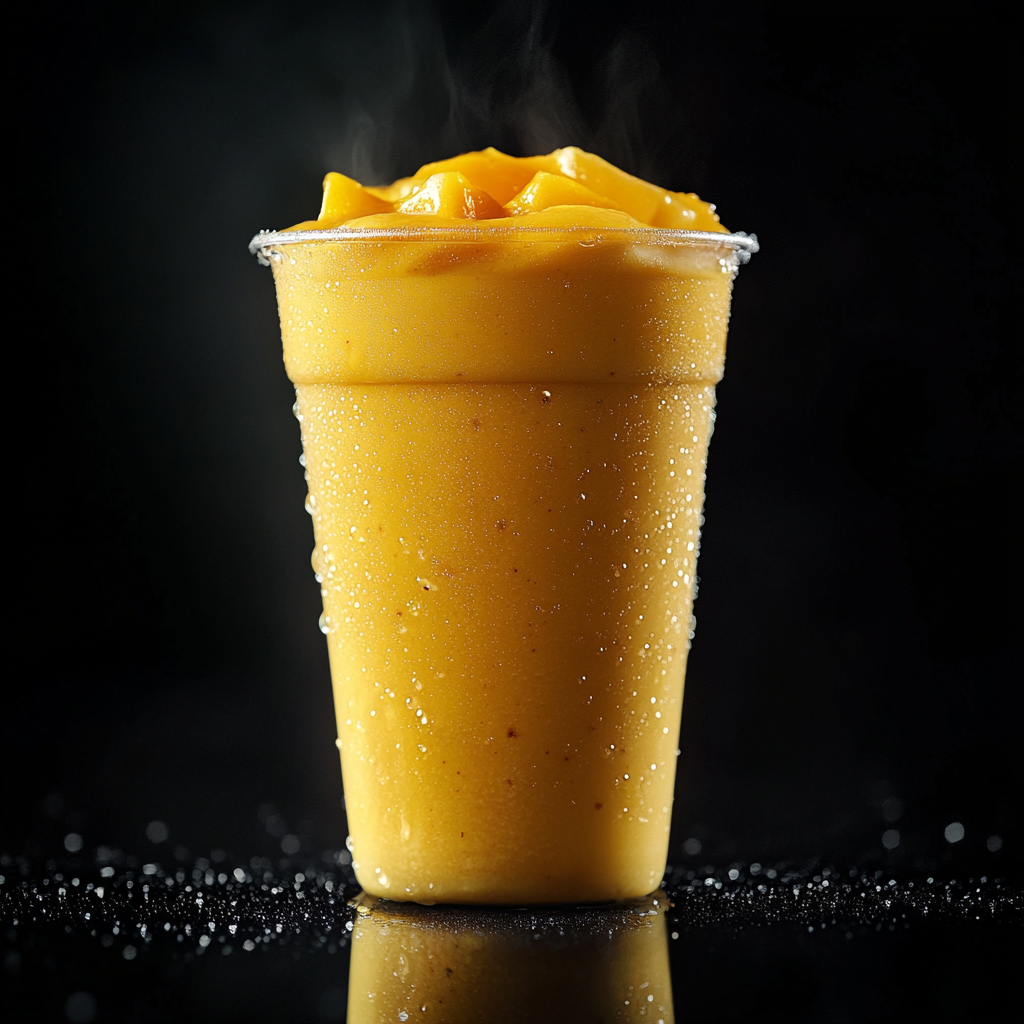 16K photo mango coconut smoothie, clear cup, black background.