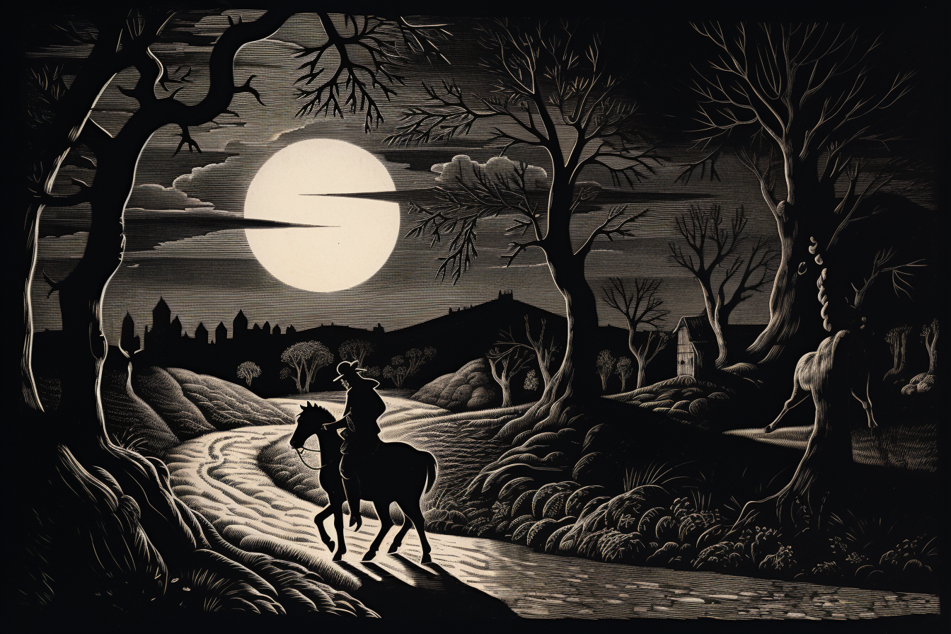 Peasant and Mysterious Horseman in 16th Century Night Scene