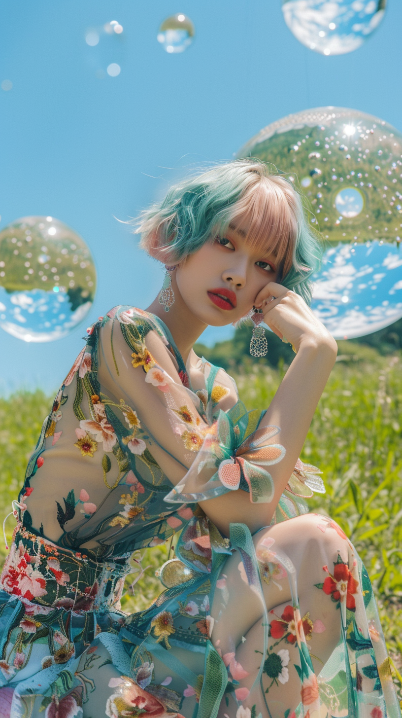 18 year old Japanese fashion model in luxury brand clothes, cosmos-inspired look, field background.