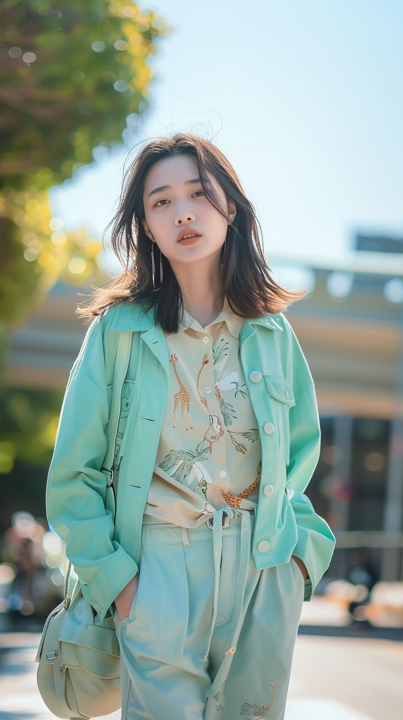 18-year-old Japanese fashion model in mint green giraffe outfit.