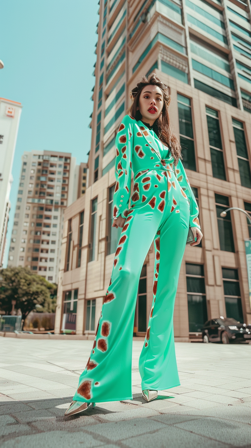 18-year-old Japanese fashion model in mint green giraffe print clothing.