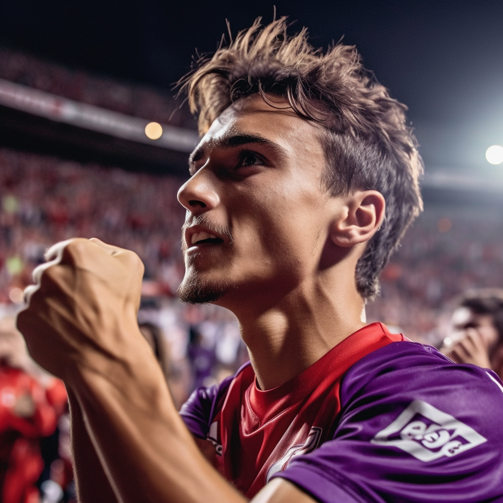 18-year-old Spanish football player celebrating after scoring goal.