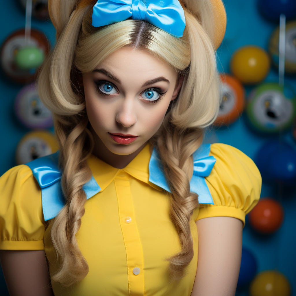 Happy 18-year-old woman with pigtails surrounded by dolls and lollipops