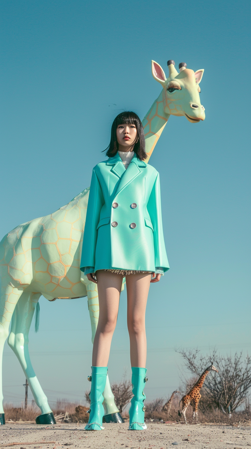 18 yr old Japanese model in mint green outfit, giraffe outfit background.